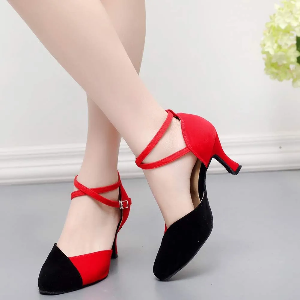 JUODVMP Women's Latin Salsa Character Dance Shoes Ultrasuede Patchwork Color Closed-Toe Crossed-Ankle Strap Ballroom Shoesn Model QJW7136