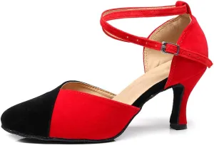 JUODVMP Women's Latin Salsa Character Dance Shoes Ultrasuede Patchwork Color Closed-Toe Crossed-Ankle Strap Ballroom Shoesn Model QJW7136
