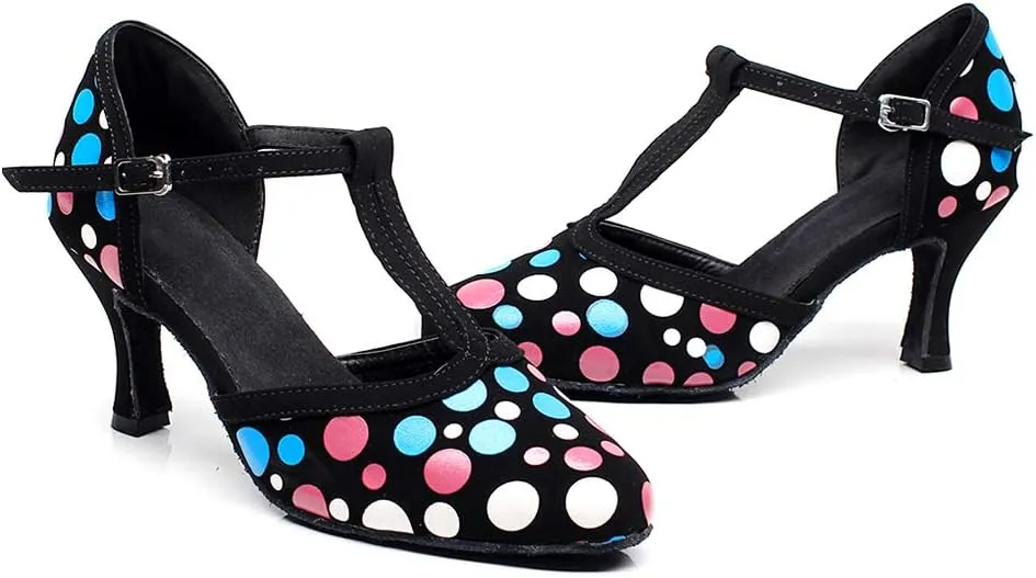 JUODVMP Women's Latin Salsa Character Dance Shoes Ultrasuede Patchwork Color Closed-Toe Crossed-Ankle Strap Ballroom Shoesn Model QJW7136