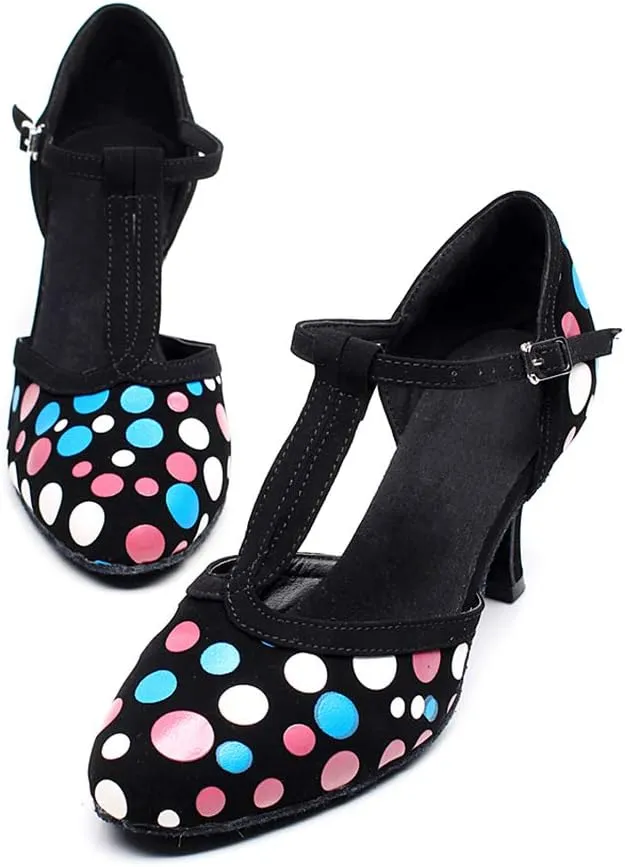 JUODVMP Women's Latin Salsa Character Dance Shoes Ultrasuede Patchwork Color Closed-Toe Crossed-Ankle Strap Ballroom Shoesn Model QJW7136