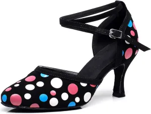JUODVMP Women's Latin Salsa Character Dance Shoes Ultrasuede Patchwork Color Closed-Toe Crossed-Ankle Strap Ballroom Shoesn Model QJW7136