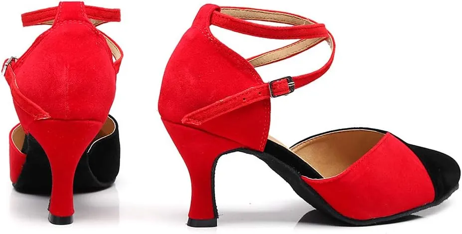 JUODVMP Women's Latin Salsa Character Dance Shoes Ultrasuede Patchwork Color Closed-Toe Crossed-Ankle Strap Ballroom Shoesn Model QJW7136