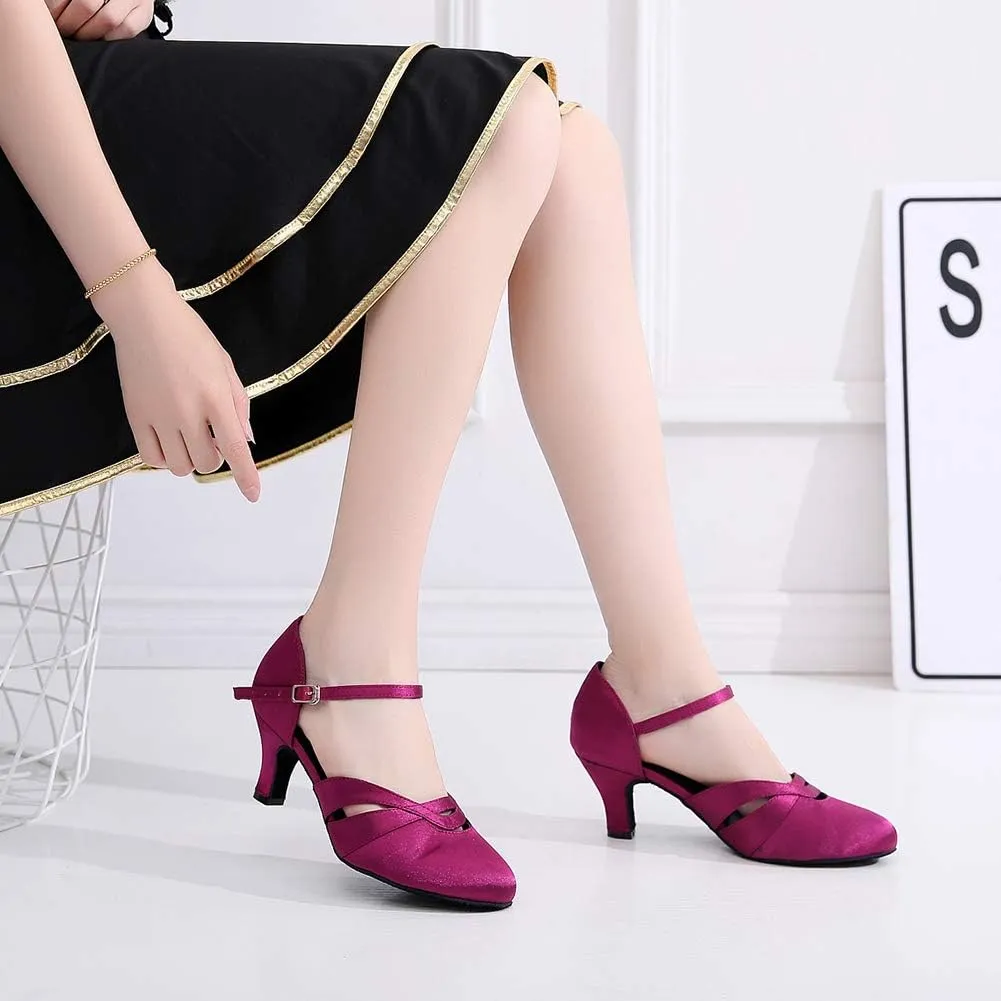 JUODVMP Womens Satin Latin Dance Shoes Professional Practice Salsa Ballroom Modern Character Social Dance Shoes,Model VS-QJW1003