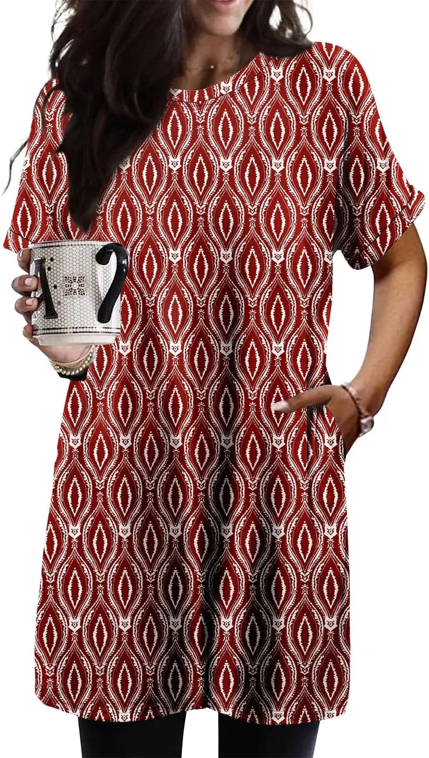 KISSMODA Women's Tunics or Tops to Wear with Leggings Short Sleeve Casual Long Tunics with Pockets T Shirts Loose S-3XL