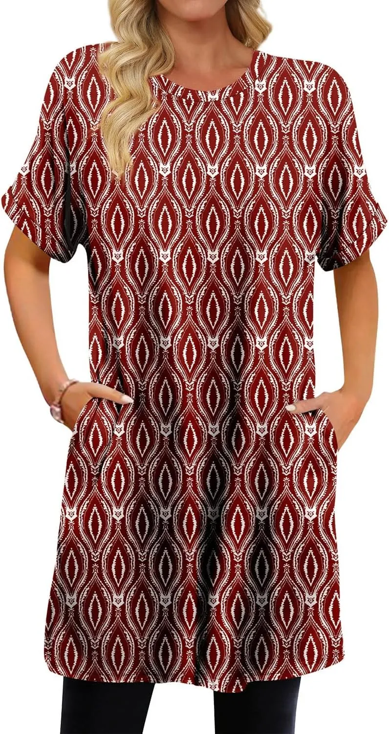 KISSMODA Women's Tunics or Tops to Wear with Leggings Short Sleeve Casual Long Tunics with Pockets T Shirts Loose S-3XL