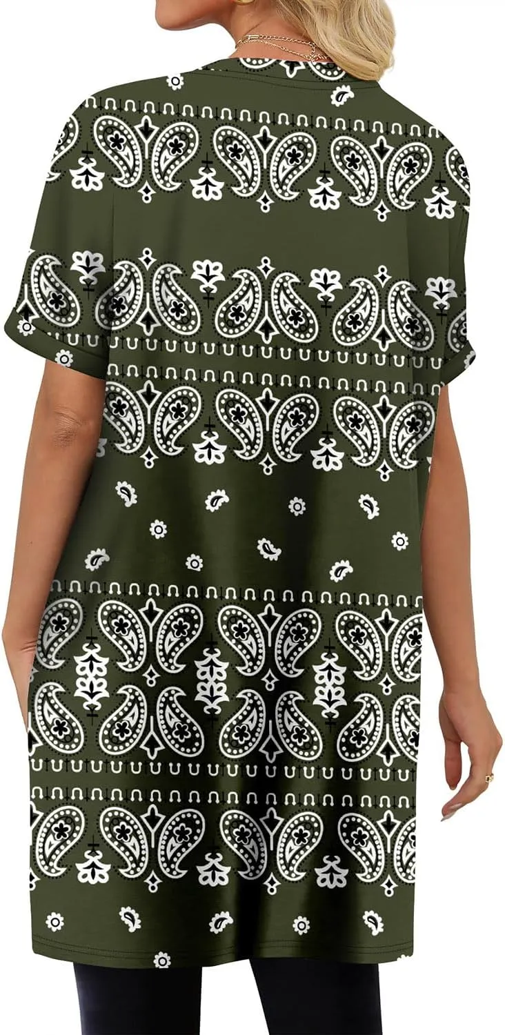 KISSMODA Women's Tunics or Tops to Wear with Leggings Short Sleeve Casual Long Tunics with Pockets T Shirts Loose S-3XL
