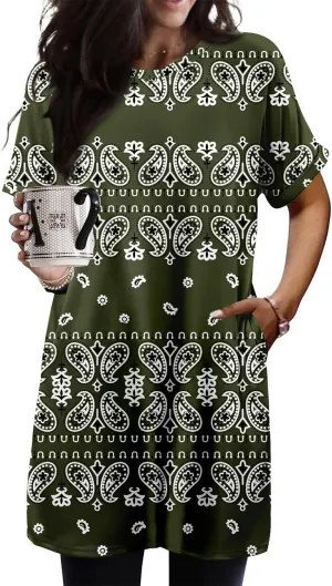 KISSMODA Women's Tunics or Tops to Wear with Leggings Short Sleeve Casual Long Tunics with Pockets T Shirts Loose S-3XL
