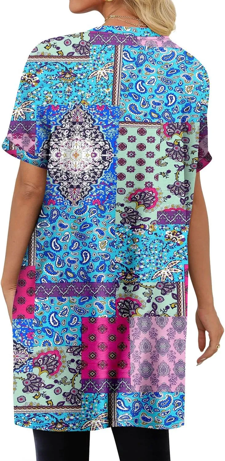 KISSMODA Women's Tunics or Tops to Wear with Leggings Short Sleeve Casual Long Tunics with Pockets T Shirts Loose S-3XL