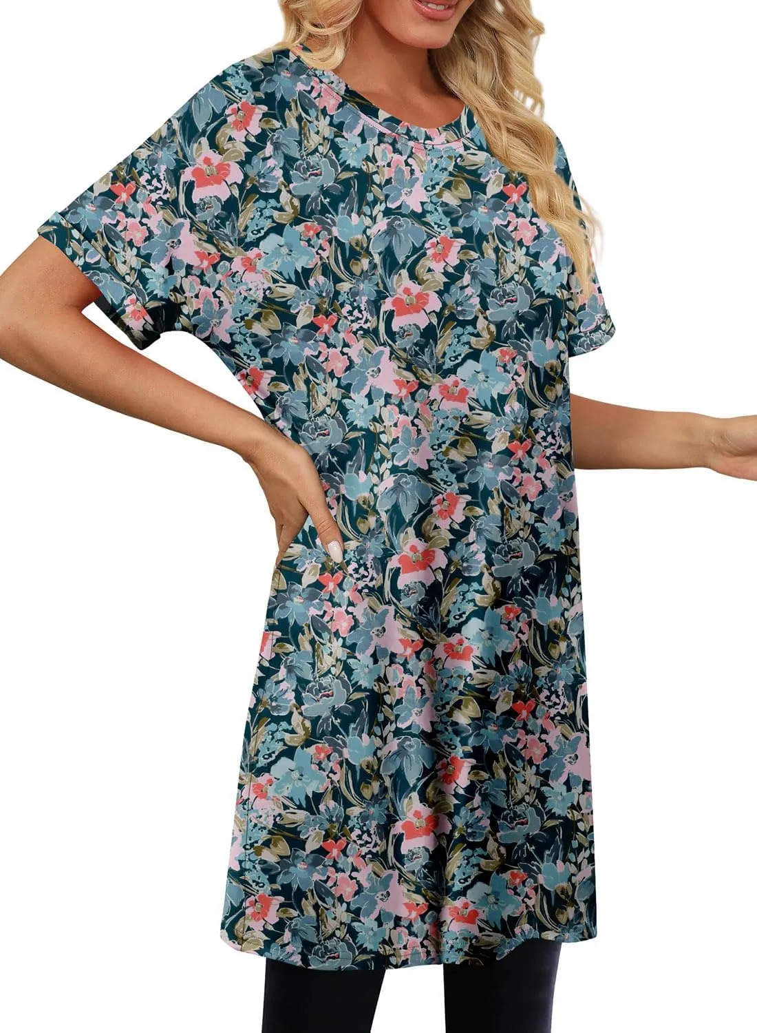 KISSMODA Women's Tunics or Tops to Wear with Leggings Short Sleeve Casual Long Tunics with Pockets T Shirts Loose S-3XL