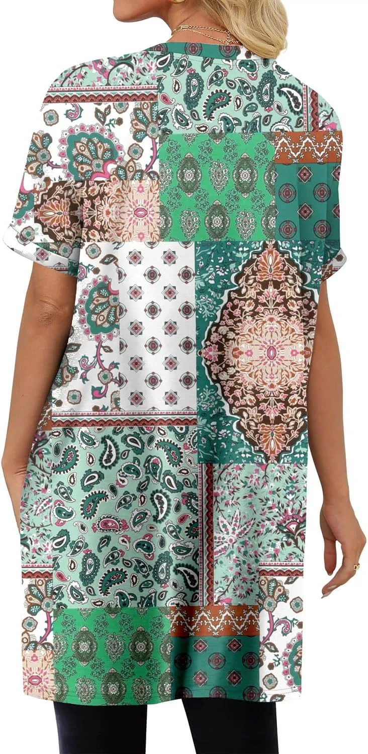 KISSMODA Women's Tunics or Tops to Wear with Leggings Short Sleeve Casual Long Tunics with Pockets T Shirts Loose S-3XL