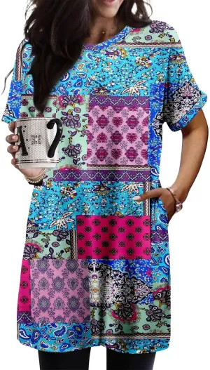 KISSMODA Women's Tunics or Tops to Wear with Leggings Short Sleeve Casual Long Tunics with Pockets T Shirts Loose S-3XL