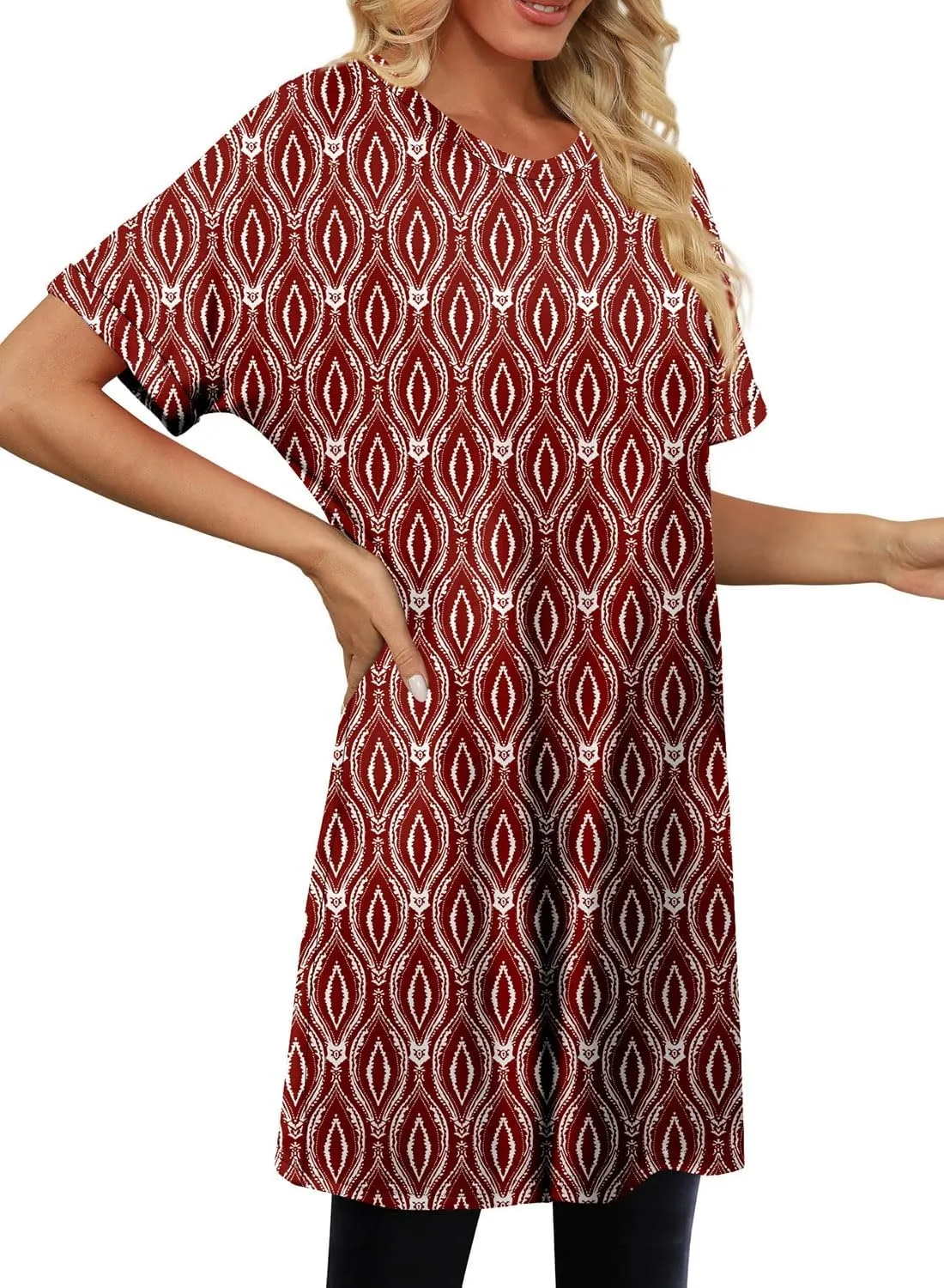KISSMODA Women's Tunics or Tops to Wear with Leggings Short Sleeve Casual Long Tunics with Pockets T Shirts Loose S-3XL