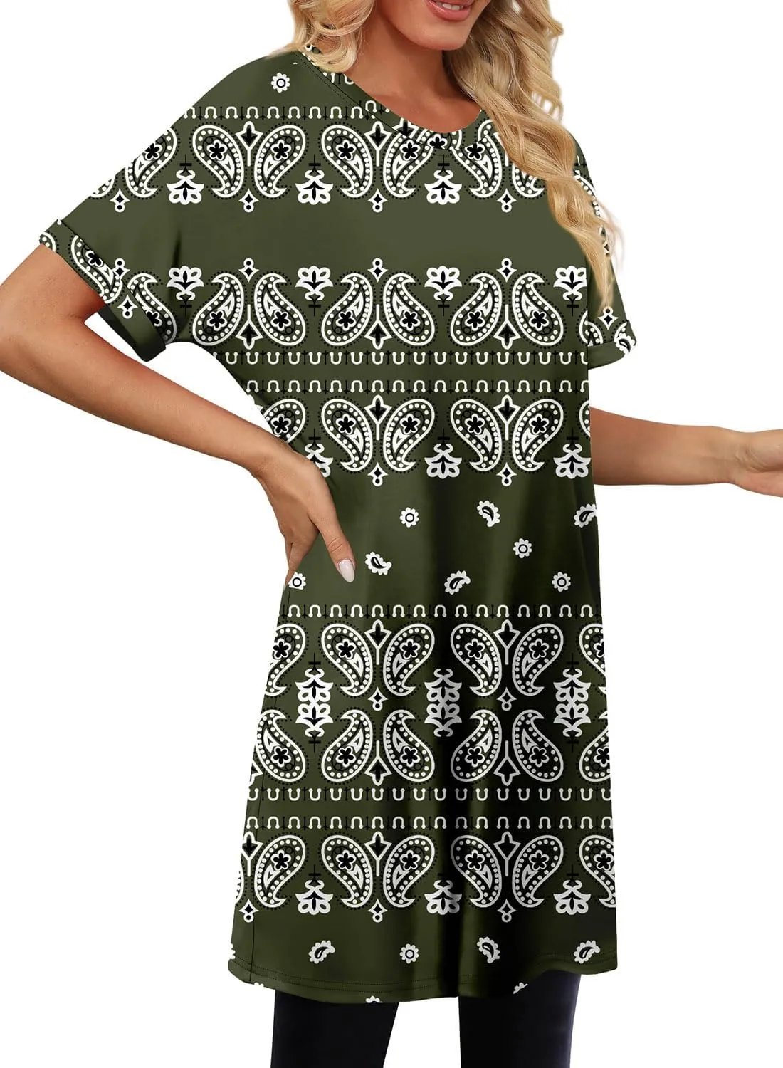 KISSMODA Women's Tunics or Tops to Wear with Leggings Short Sleeve Casual Long Tunics with Pockets T Shirts Loose S-3XL