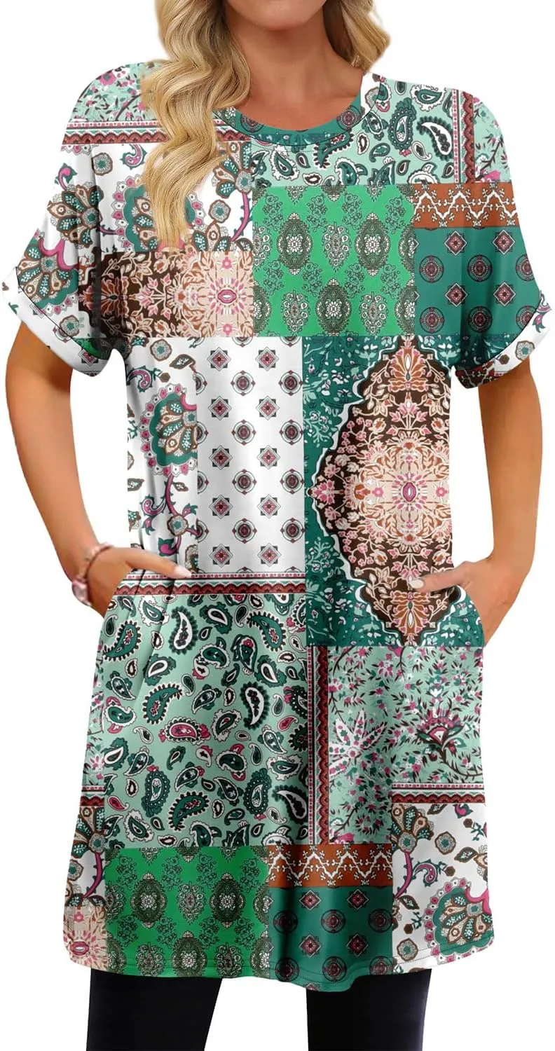 KISSMODA Women's Tunics or Tops to Wear with Leggings Short Sleeve Casual Long Tunics with Pockets T Shirts Loose S-3XL