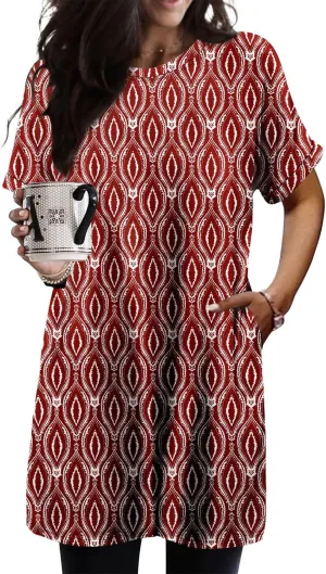 KISSMODA Women's Tunics or Tops to Wear with Leggings Short Sleeve Casual Long Tunics with Pockets T Shirts Loose S-3XL