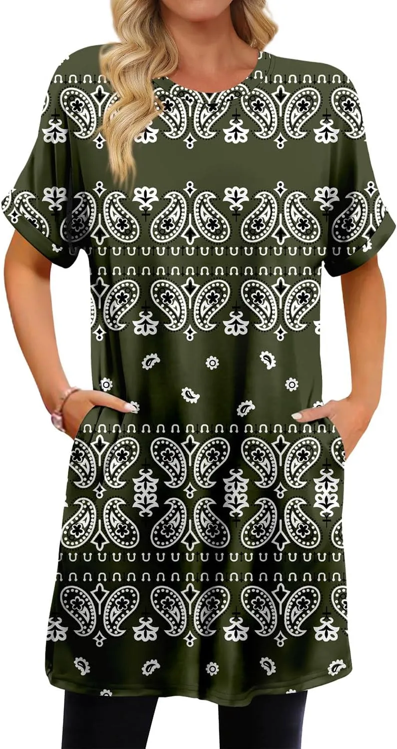 KISSMODA Women's Tunics or Tops to Wear with Leggings Short Sleeve Casual Long Tunics with Pockets T Shirts Loose S-3XL
