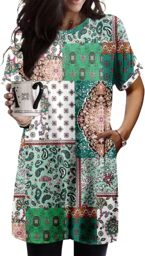 KISSMODA Women's Tunics or Tops to Wear with Leggings Short Sleeve Casual Long Tunics with Pockets T Shirts Loose S-3XL