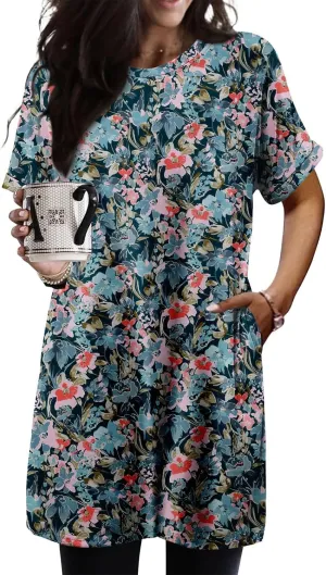 KISSMODA Women's Tunics or Tops to Wear with Leggings Short Sleeve Casual Long Tunics with Pockets T Shirts Loose S-3XL