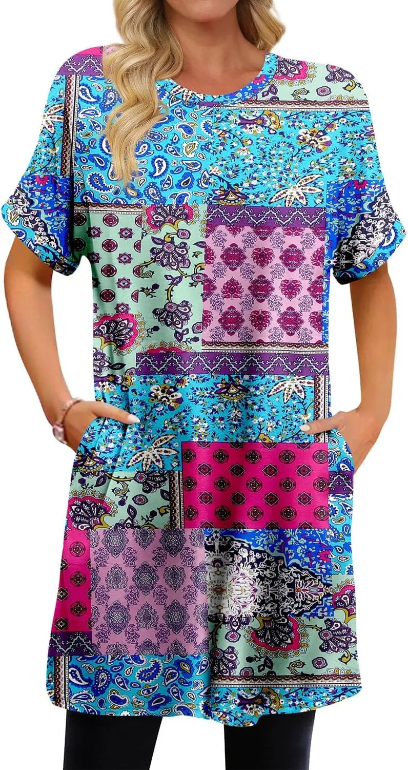 KISSMODA Women's Tunics or Tops to Wear with Leggings Short Sleeve Casual Long Tunics with Pockets T Shirts Loose S-3XL