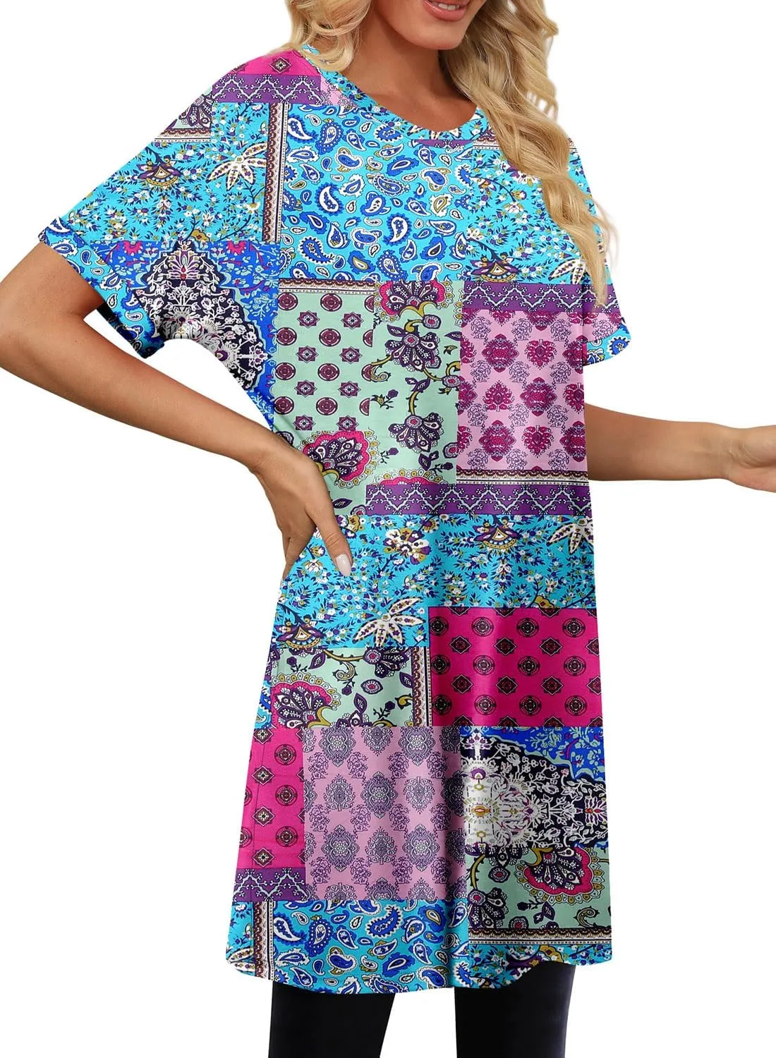 KISSMODA Women's Tunics or Tops to Wear with Leggings Short Sleeve Casual Long Tunics with Pockets T Shirts Loose S-3XL