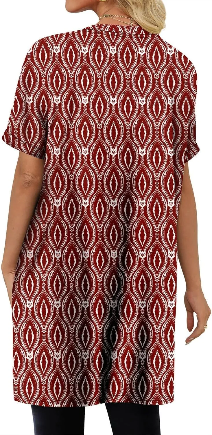 KISSMODA Women's Tunics or Tops to Wear with Leggings Short Sleeve Casual Long Tunics with Pockets T Shirts Loose S-3XL