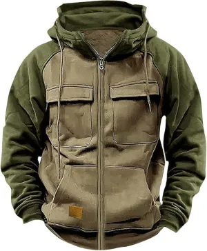 KUIOLYPOER Tactical Hoodies for Men Vintage Zip Up Long Sleeve Pullover Sweatshirt Loose Casual Cargo Hoodies with Pockets