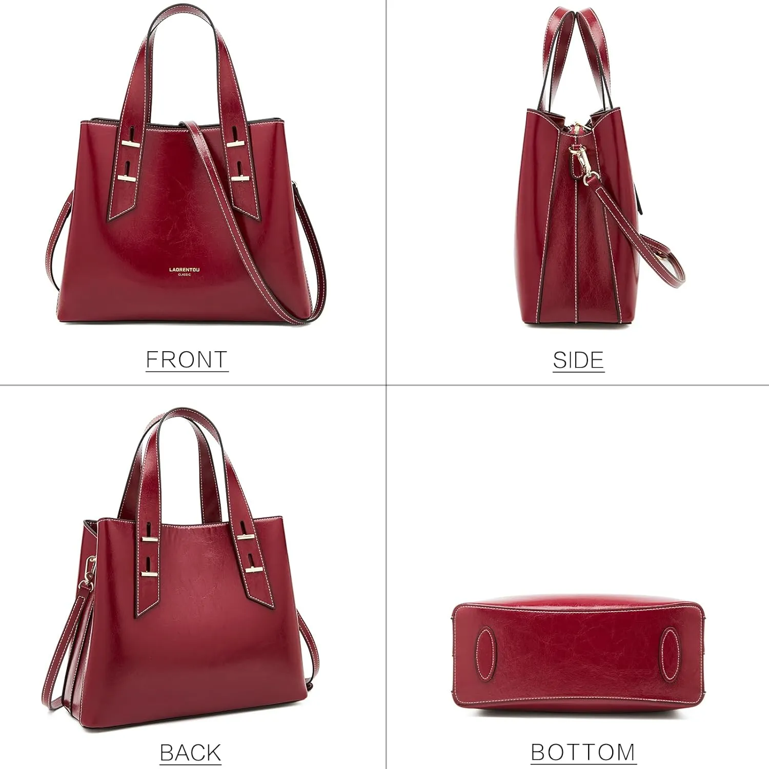 LAORENTOU Cow Leather Designer Handbags for Women, Medium Satchel Purse,Top Handle Bags with Removable Shoulder Strap