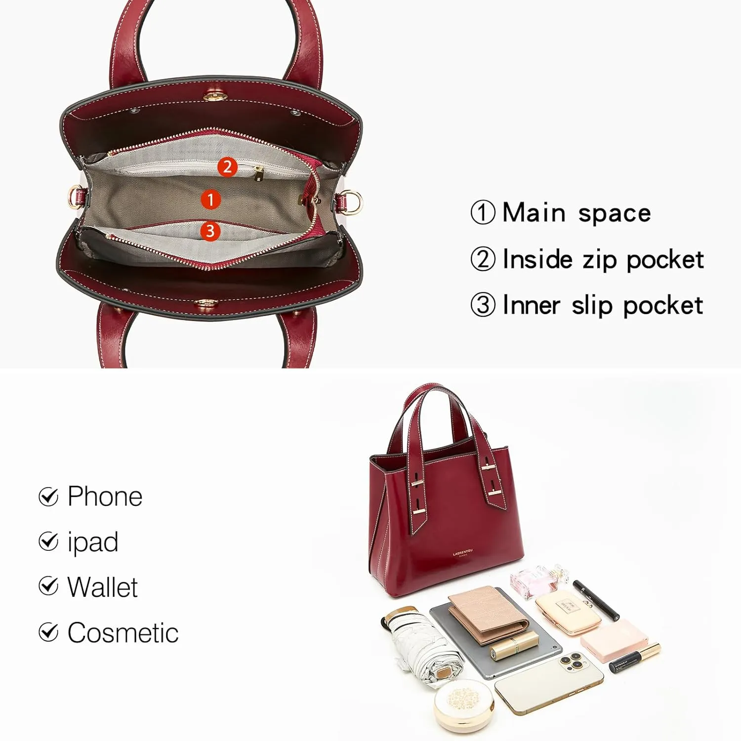 LAORENTOU Cow Leather Designer Handbags for Women, Medium Satchel Purse,Top Handle Bags with Removable Shoulder Strap