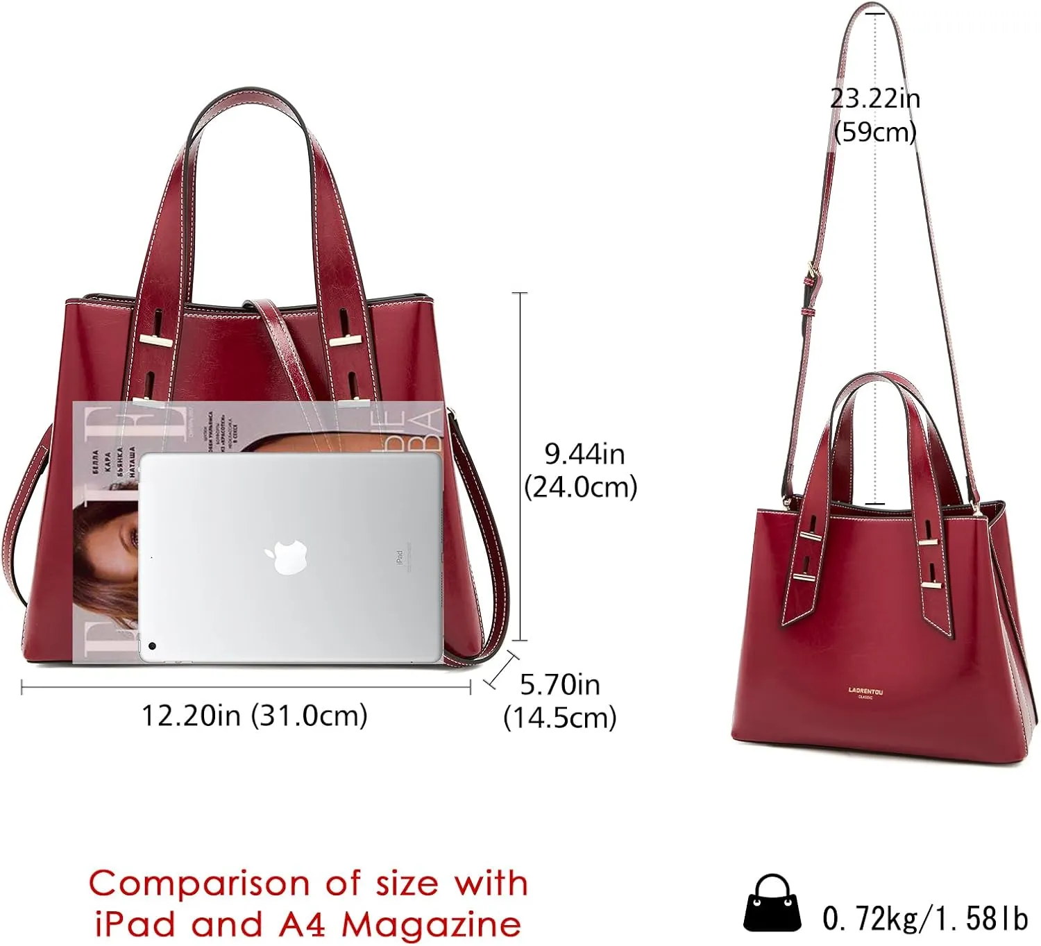 LAORENTOU Cow Leather Designer Handbags for Women, Medium Satchel Purse,Top Handle Bags with Removable Shoulder Strap