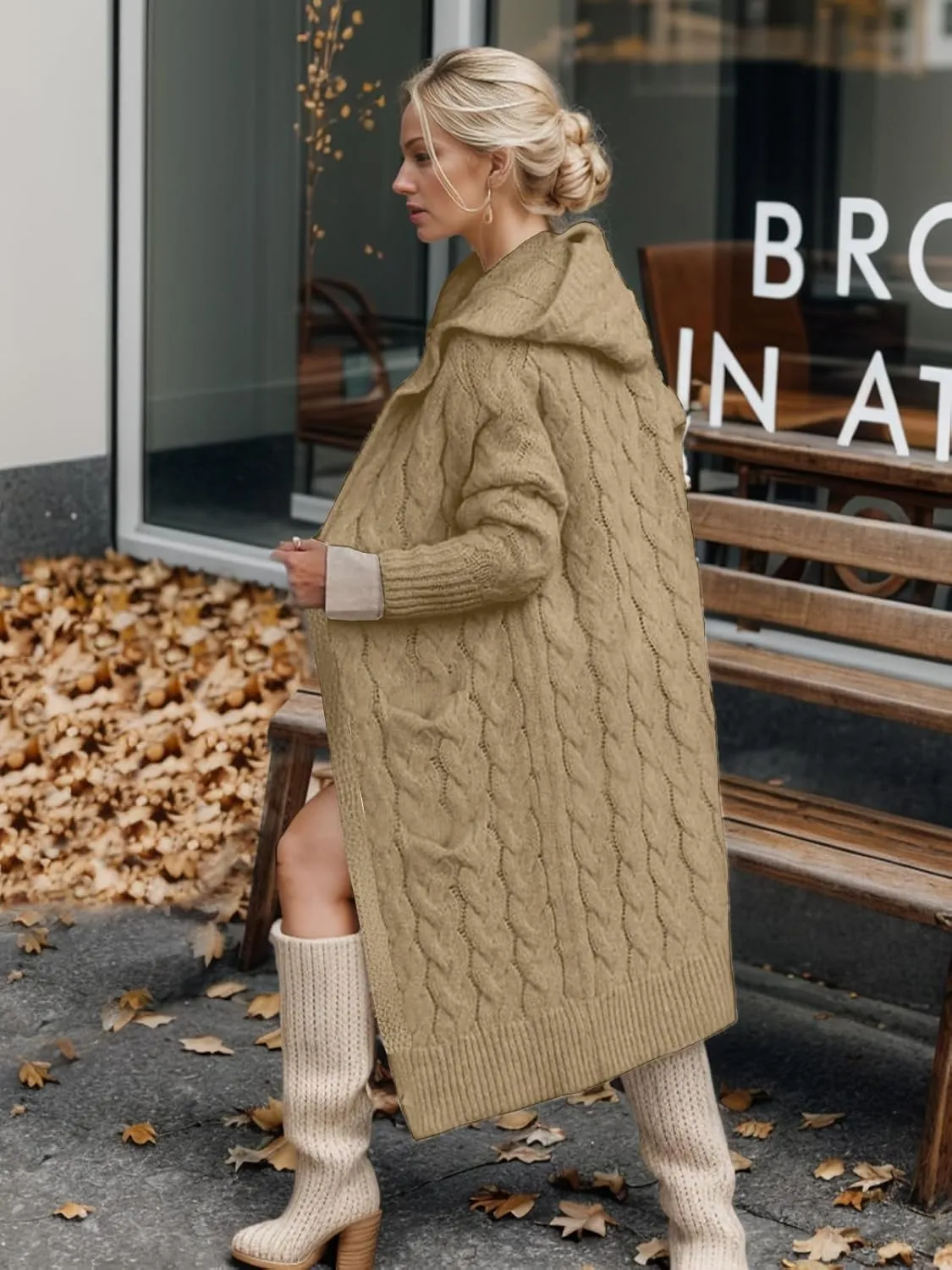 Lightweight Hooded Open Front Cardigan Sweaters for Women Oversized Cable Knit Sweaters Pocketed Trendy Long Cardigans