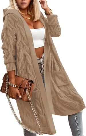 Lightweight Hooded Open Front Cardigan Sweaters for Women Oversized Cable Knit Sweaters Pocketed Trendy Long Cardigans