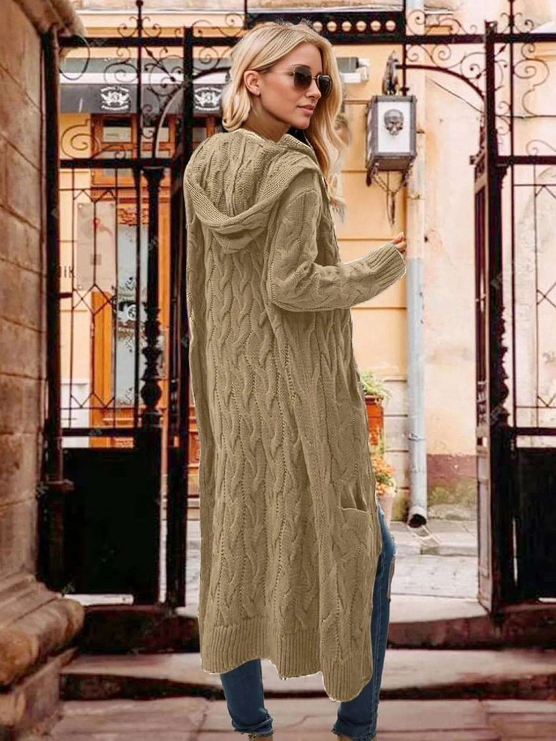 Lightweight Hooded Open Front Cardigan Sweaters for Women Oversized Cable Knit Sweaters Pocketed Trendy Long Cardigans