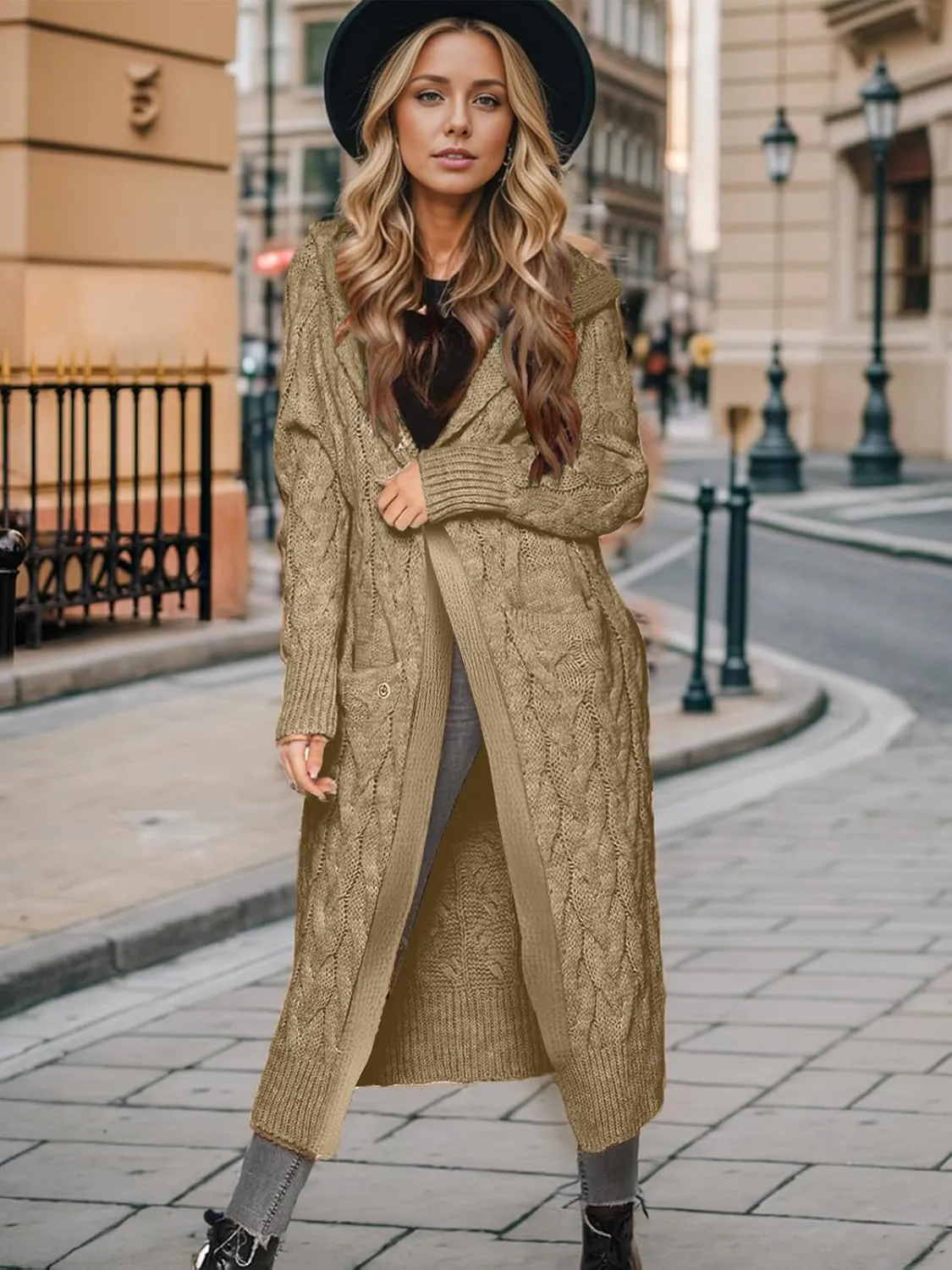 Lightweight Hooded Open Front Cardigan Sweaters for Women Oversized Cable Knit Sweaters Pocketed Trendy Long Cardigans