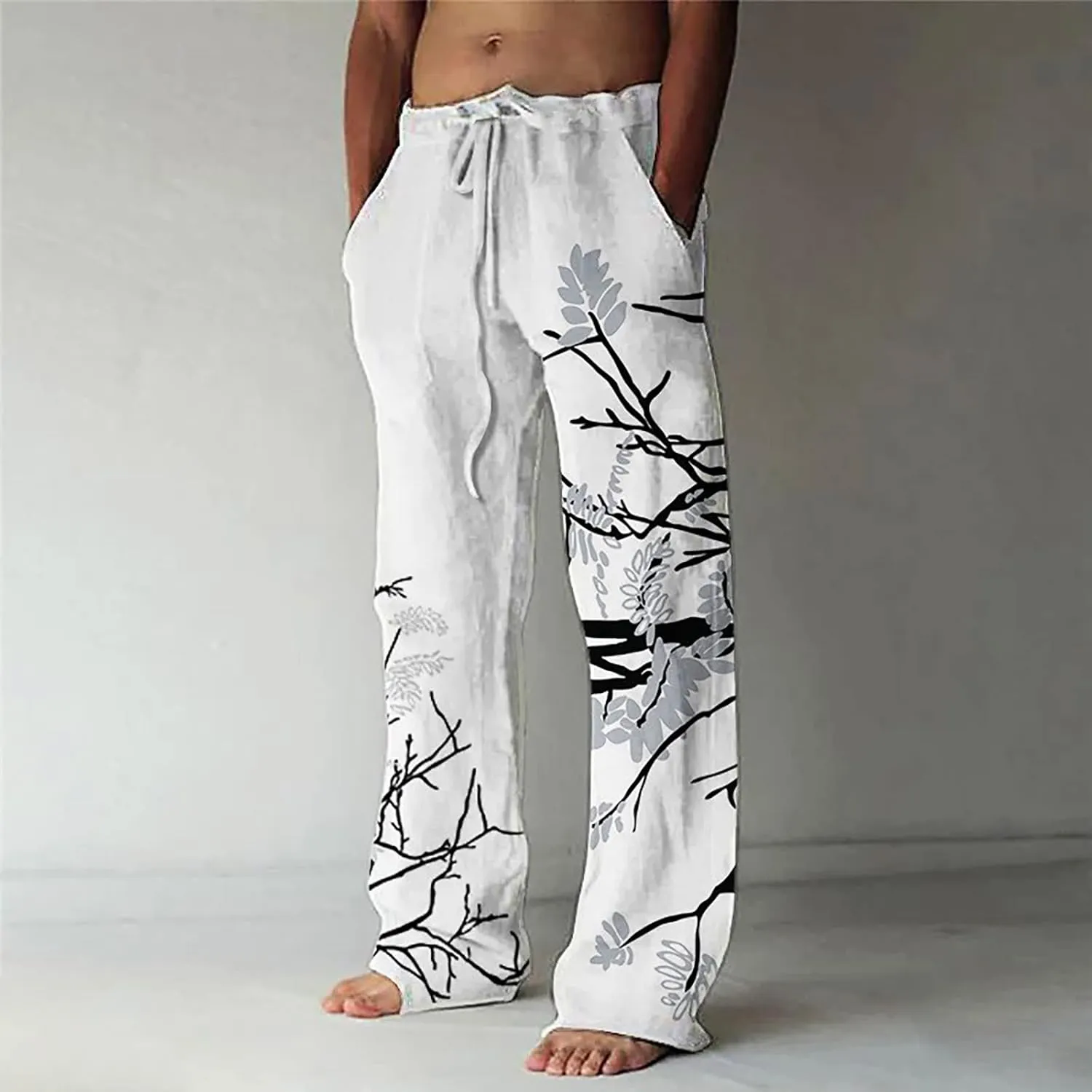 Linen Pants for Men, Mens Casual Pants Lightweight Drawstring Summer Beach Pants Elastic Waist Linen Pants