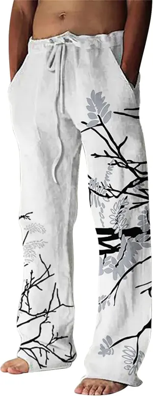Linen Pants for Men, Mens Casual Pants Lightweight Drawstring Summer Beach Pants Elastic Waist Linen Pants