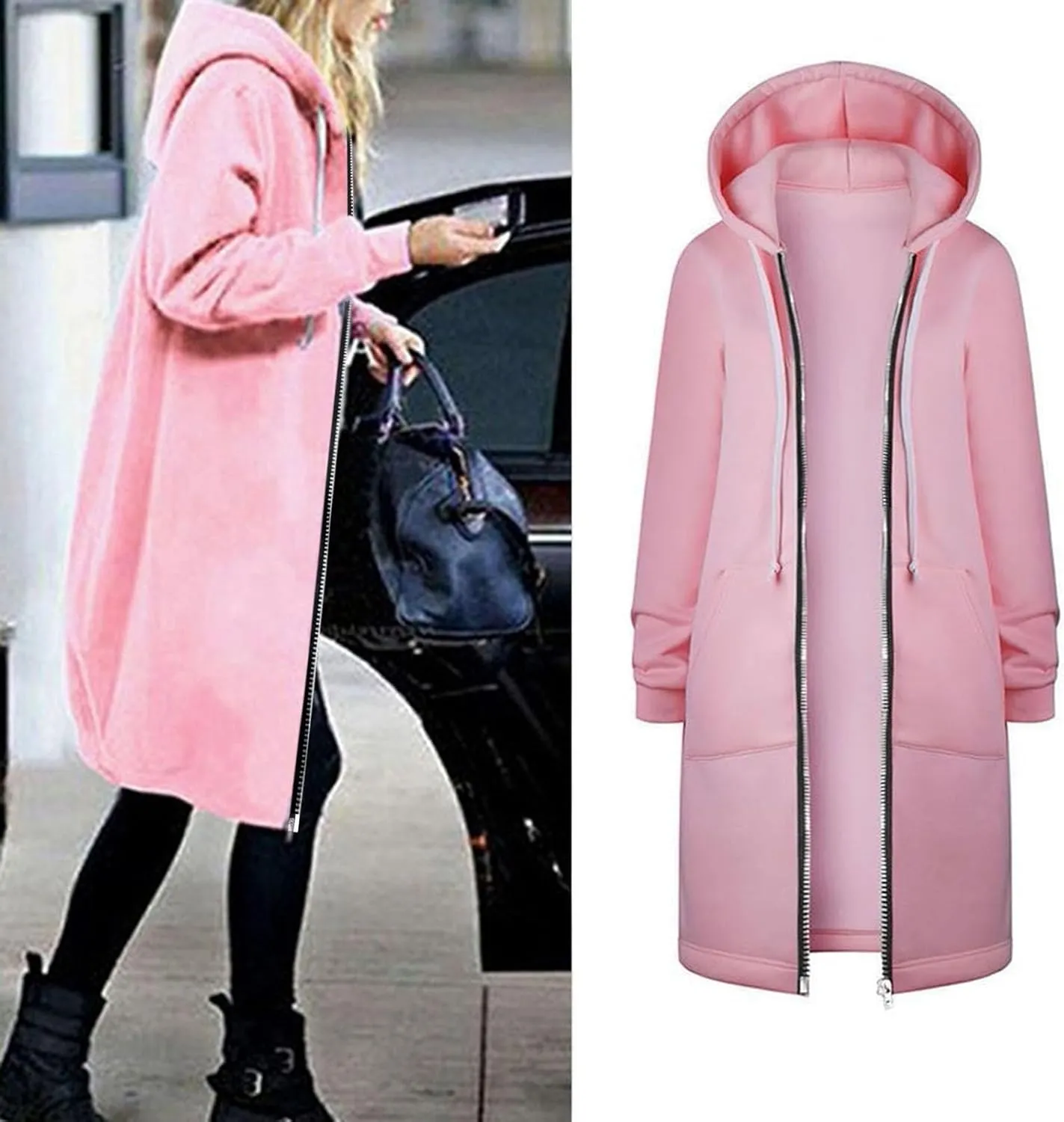 Long Hoodie for Women 2024 Casual Zip Up Drawstring Fleece Sweatshirt Oversized Jackets Coat Lightweight Fall Clothes