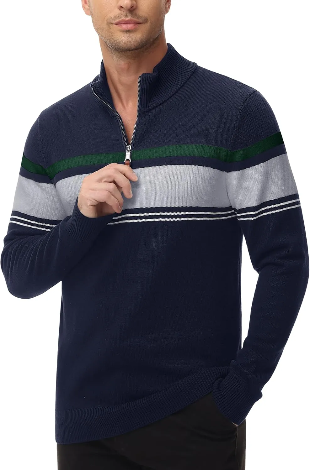 MAGCOMSEN Men's Sweaters 1/4 Zip Cotton Sweater Pullover Polo Sweaters Striped Fall Winter Warm Sweatshirts