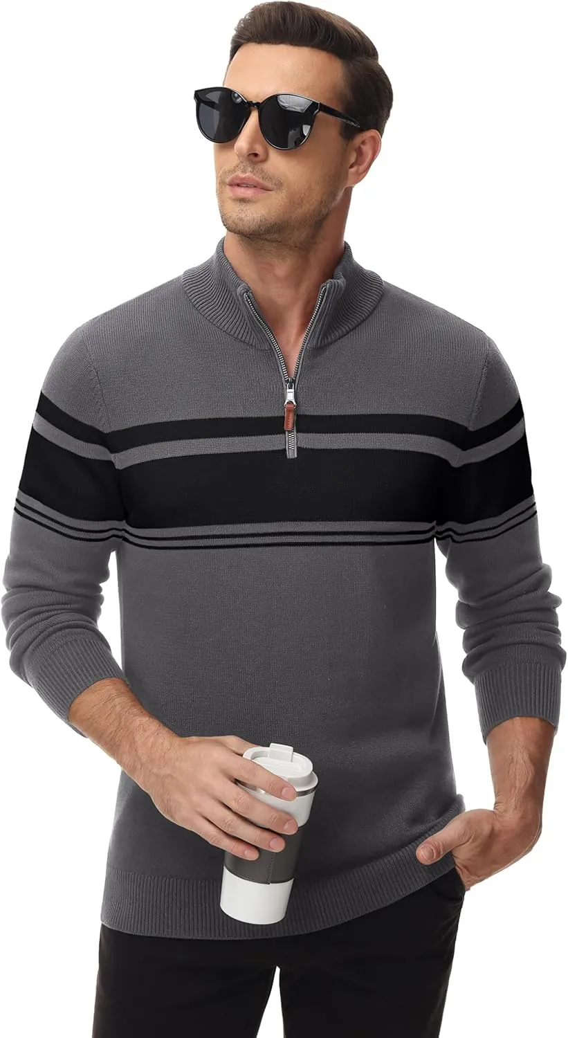 MAGCOMSEN Men's Sweaters 1/4 Zip Cotton Sweater Pullover Polo Sweaters Striped Fall Winter Warm Sweatshirts