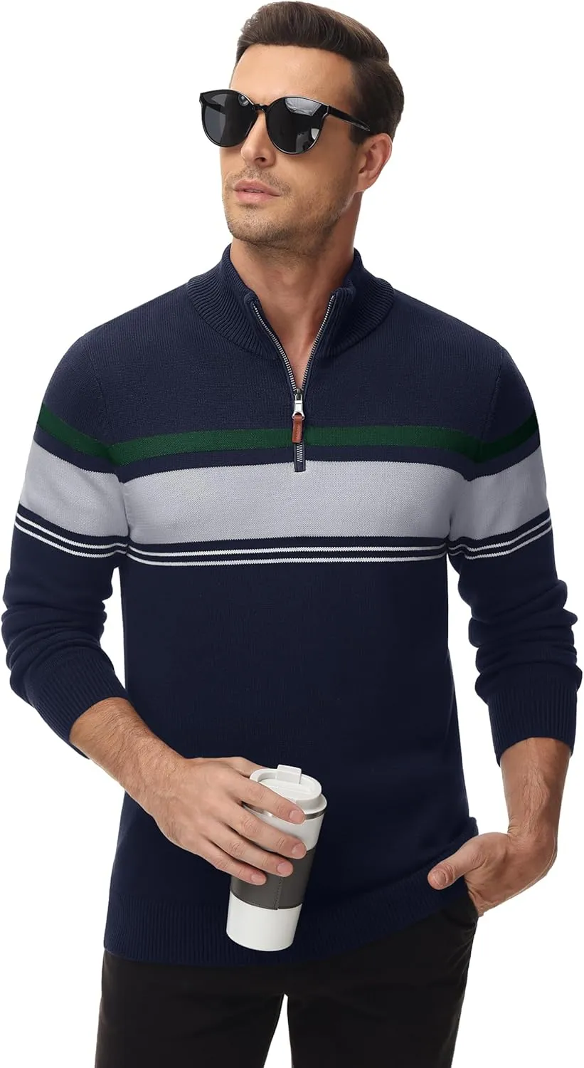 MAGCOMSEN Men's Sweaters 1/4 Zip Cotton Sweater Pullover Polo Sweaters Striped Fall Winter Warm Sweatshirts