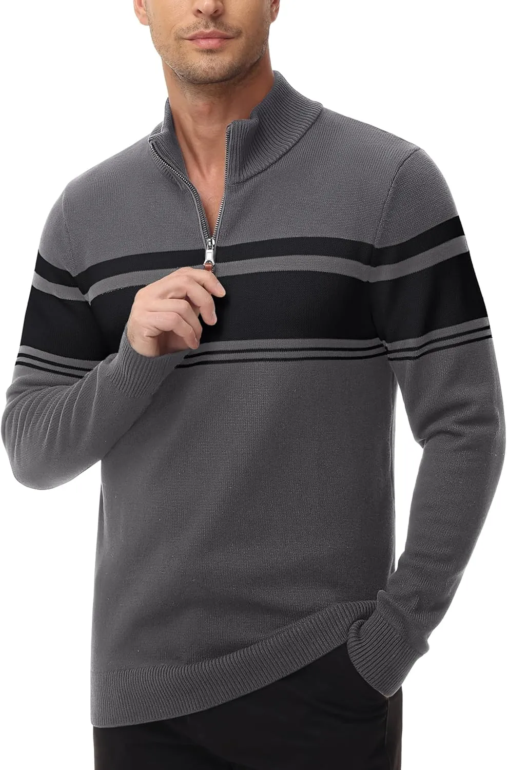 MAGCOMSEN Men's Sweaters 1/4 Zip Cotton Sweater Pullover Polo Sweaters Striped Fall Winter Warm Sweatshirts