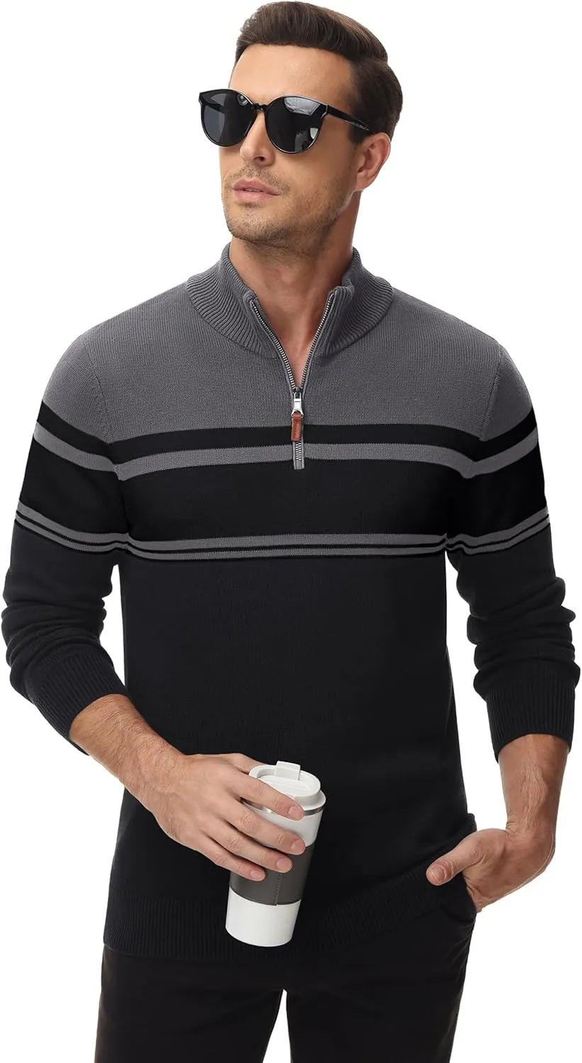 MAGCOMSEN Men's Sweaters 1/4 Zip Cotton Sweater Pullover Polo Sweaters Striped Fall Winter Warm Sweatshirts