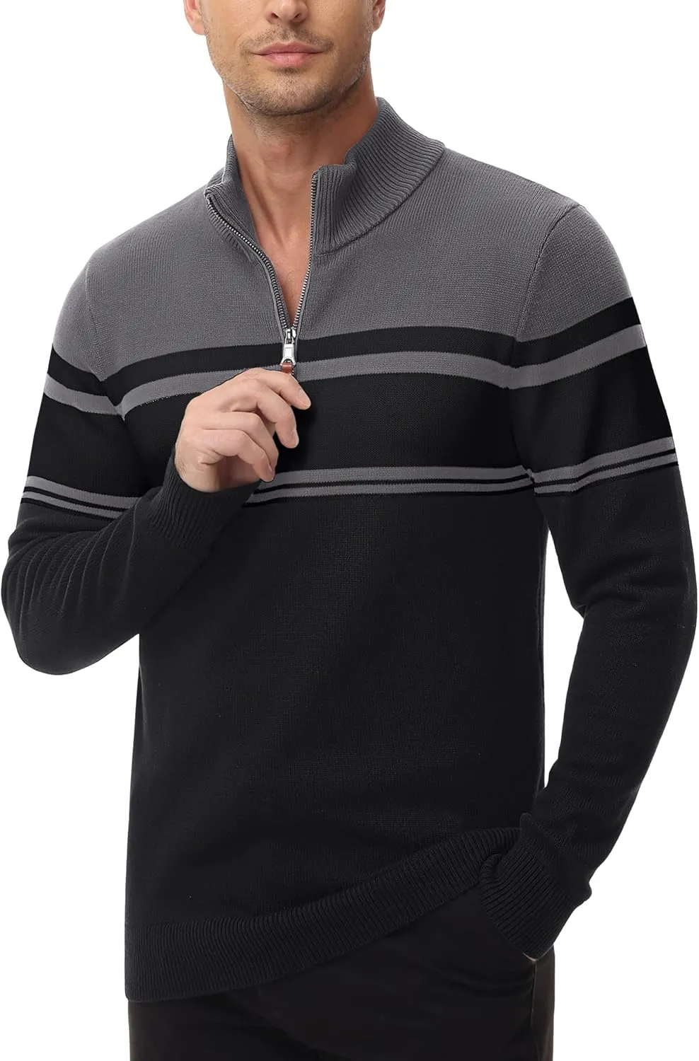 MAGCOMSEN Men's Sweaters 1/4 Zip Cotton Sweater Pullover Polo Sweaters Striped Fall Winter Warm Sweatshirts