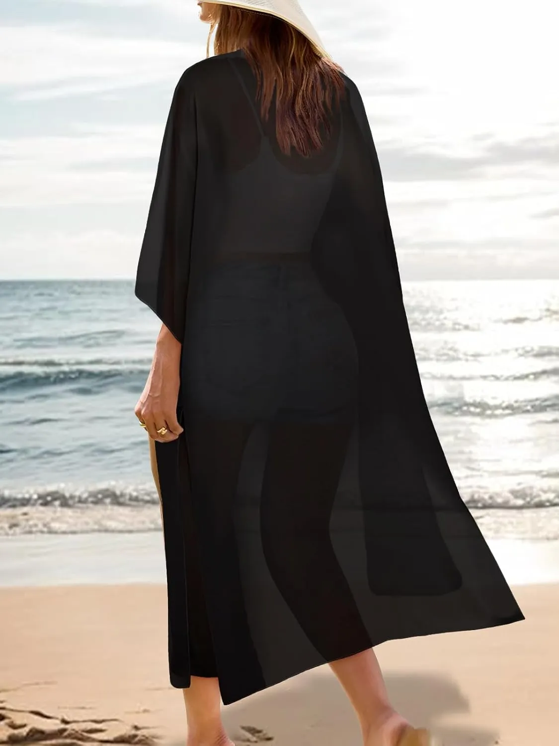 MayBuy Women's Summer Long Flowy Kimono Cardigans Boho Chiffon Beach Cover Up Tops