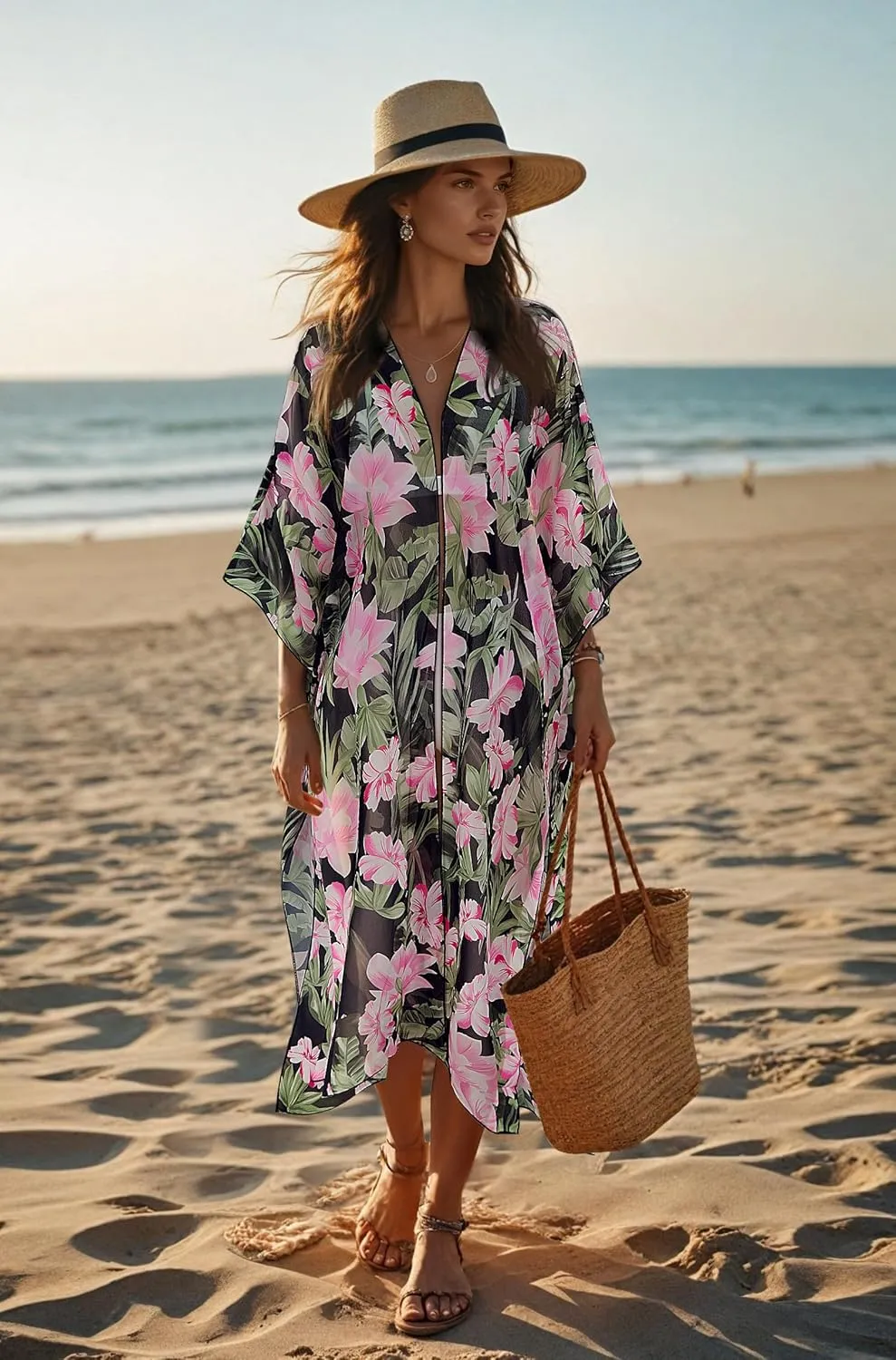 MayBuy Women's Summer Long Flowy Kimono Cardigans Boho Chiffon Beach Cover Up Tops
