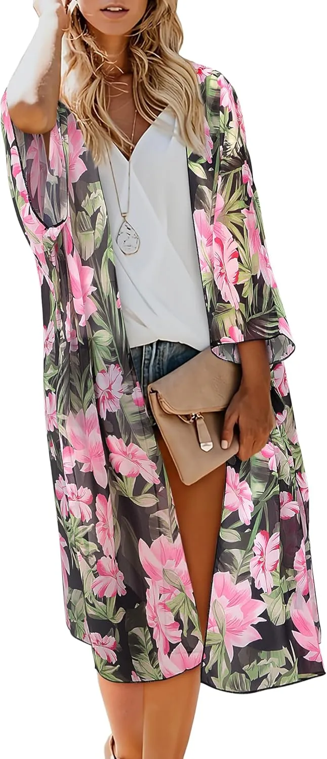 MayBuy Women's Summer Long Flowy Kimono Cardigans Boho Chiffon Beach Cover Up Tops