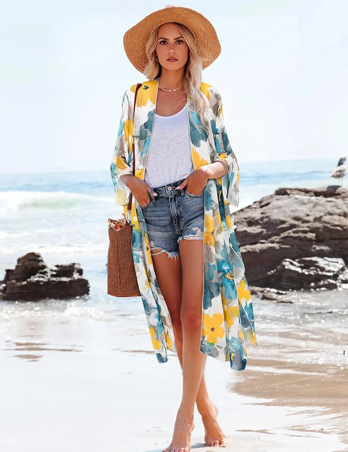 MayBuy Women's Summer Long Flowy Kimono Cardigans Boho Chiffon Beach Cover Up Tops