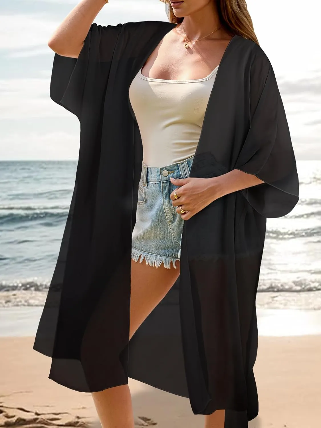 MayBuy Women's Summer Long Flowy Kimono Cardigans Boho Chiffon Beach Cover Up Tops