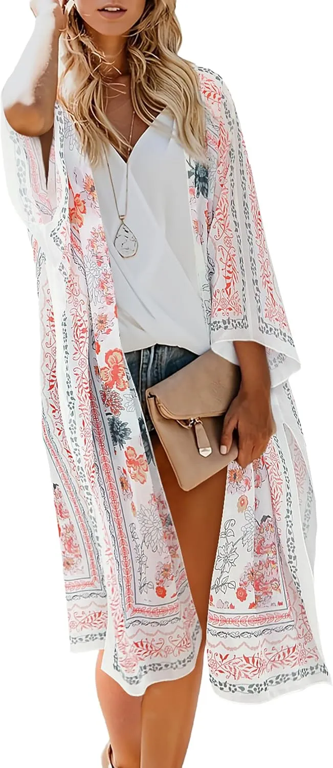 MayBuy Women's Summer Long Flowy Kimono Cardigans Boho Chiffon Beach Cover Up Tops