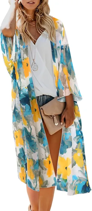 MayBuy Women's Summer Long Flowy Kimono Cardigans Boho Chiffon Beach Cover Up Tops