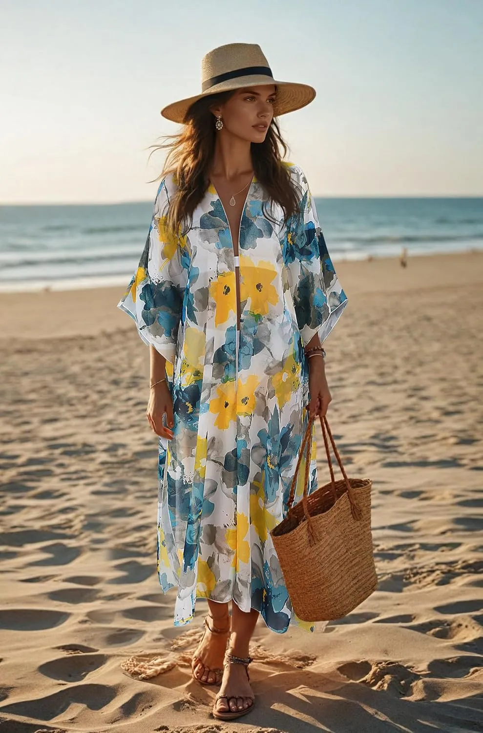 MayBuy Women's Summer Long Flowy Kimono Cardigans Boho Chiffon Beach Cover Up Tops